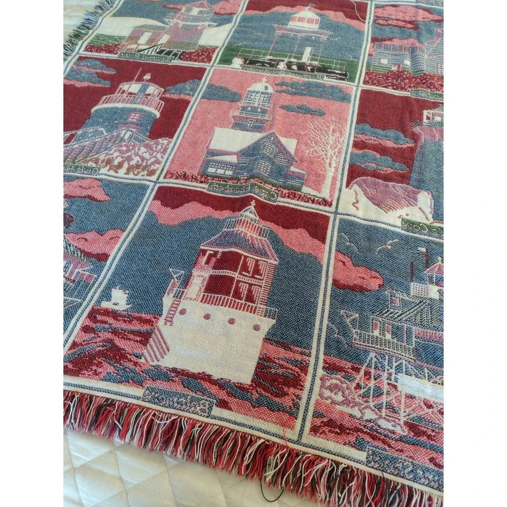 Goodwin Weavers Hutz Tapestry Lighthouse Throw Blanket Cotton 44x60 Made USA